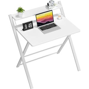 GreenForest Folding Desk No Assembly Required Large Size, 2-Tier Foldable Computer Desk with Shelf for Home Office, Space Saving Portable Laptop Study Foldable Table for Bedroom, White (24.5 x 30 inch)