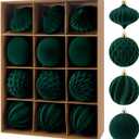 12Pcs Velvet Christmas Tree Balls Ornaments Plastic Flocked Shatterproof Handmade Hanging Decoration Plush Balls Assortment Sets for Christmas Decoration (Dark Green, 3.15in)