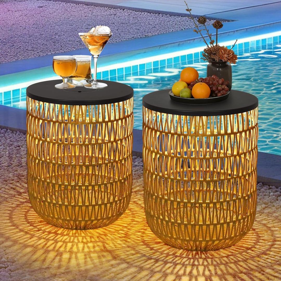 HMVPL Solar Outdoor Side Table Set of 2 with Dimmable Light, Round Patio Side Table for Outside, Outdoor End Accent Tables, Plastic Rattan Patio End Table for Poolside Backyard Gazebo, Dusk to Dawn