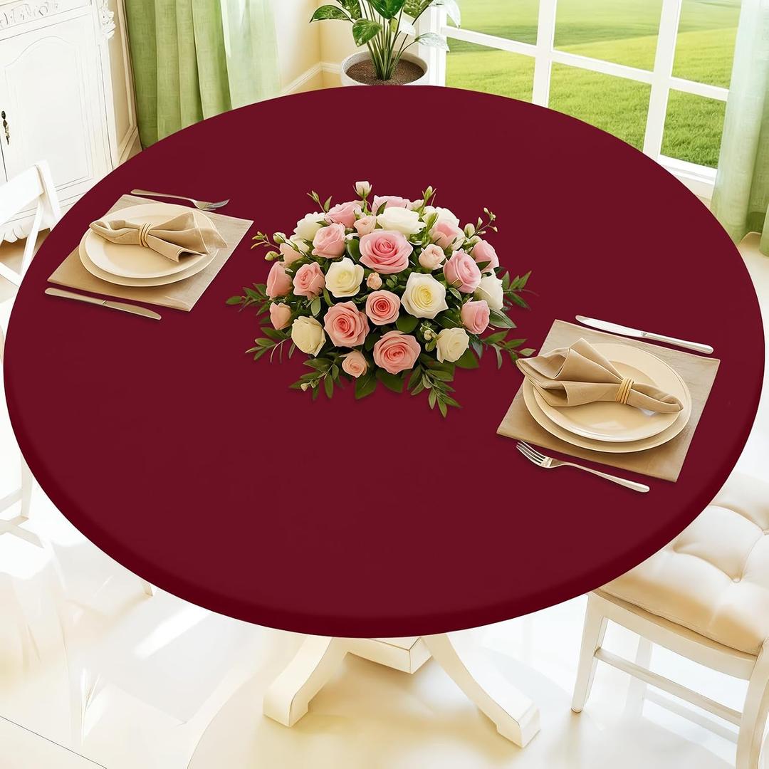 Moosfor Round Spandex Tablecloth, Elastic Fitted Waterproof Tablecloths for 36"-44" Tables, Stretch Washable Picnic Table Cover for Camping, Dining, Indoor and Outdoor, Wine Red