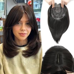 Hair Topper 12inch Clip in Synthetic Hair Toppers for Women with Thinning Hair Layered 6.5"X6.5" Big Base Toppers Hair Pieces for Women Daily Wear Black Brown