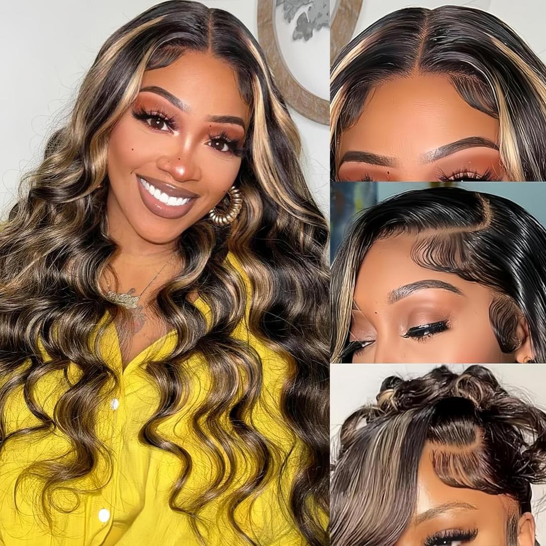Ombre Highlight Lace Front Wig Human Hair Pre Plucked 13x4 HD Transparent ombre lace front wig 180% Density Body Wave HD Lace Frontal Wigs Human Hair With Baby Hair 22 Inch (1B/27# Blonde Omber)