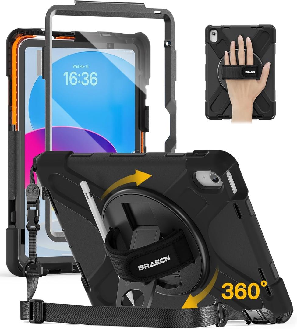 BRAECN for iPad (A16) 11th/10th Generation case 11/10.9 inch 2025/2022 Heavy Duty Shockproof Protective with Pencil Holder Screen Protector 360Rotating Stand Handle & Shoulder Strap Full Body Cover (Black)