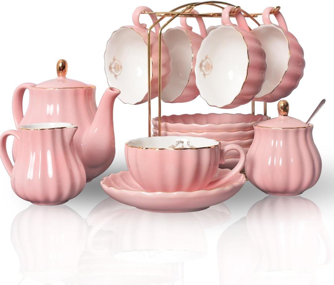 Sweejar Porcelain Tea Sets British Royal Series, 8 OZ Cups & Saucer Service for 6, with Teapot Sugar Bowl Cream Pitcher Teaspoons and Tea Strainer, Suitable for High Tea, Wedding, Party (Pink)