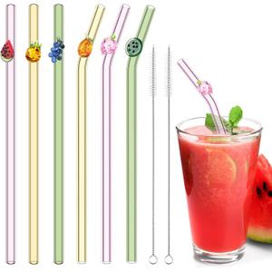 6 Pcs Glass Straws with Design Reusable Cute Fruit Drinking Straws 7.9in x 8mm Colorful Party Favors Decorations with 2 Cleaning Brushes for Summer Beach Birthday(Bent, Straight)