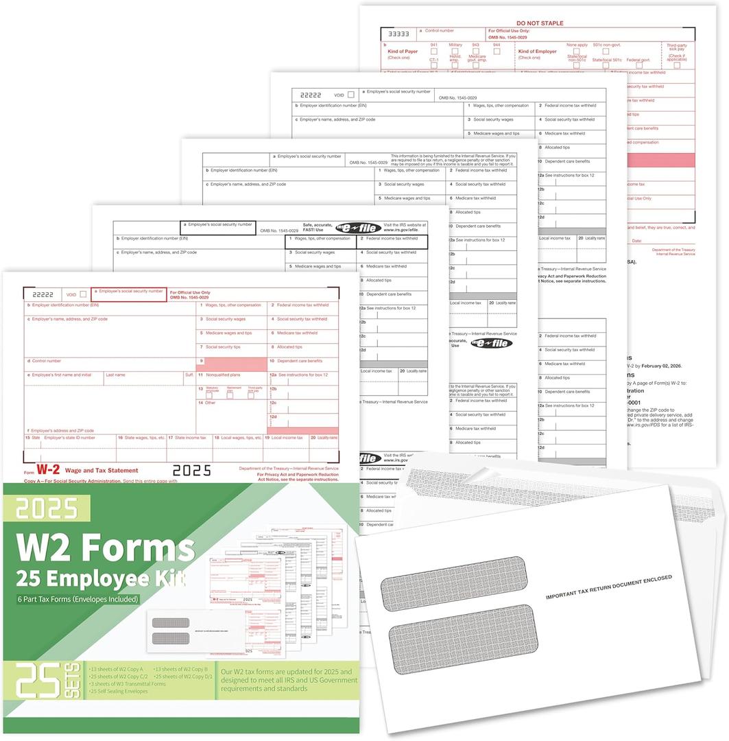 W2 Forms 2025,W2 Tax Forms 2025 with Envelopes,6 Part W2 Tax Forms 2025,25 Employee Kit of Laser Forms with 3 W-3 Transmittal,25 Self Seal Envelopes Included