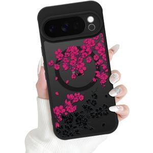 OOK Magnetic Case Fit for Google Pixel 10 Pro XL 6.8, Hot Pink Floral | Wireless Charging Compatible, Soft TPU and Hard PC, Anti-Scratch Shockproof Protection Phone Cover for Women