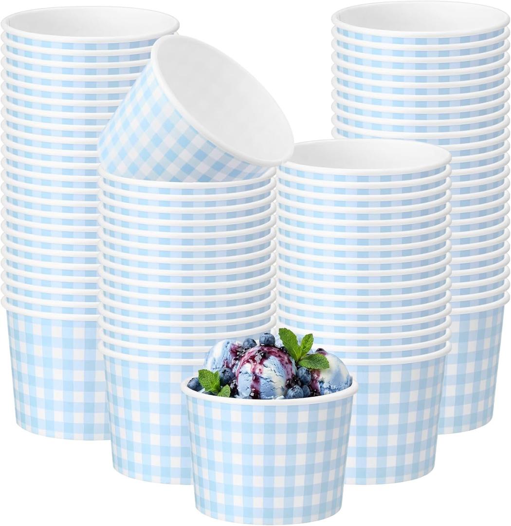 Nuanchu 100 Pack 9 oz Gingham Treat Snack Cups Light Blue and White Checkered Disposable Paper Cups for Dessert Ice Cream Bowls for Snacks Soup Hot Cold Food Wedding Birthday Baby Shower Decorations