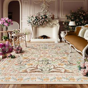 Lahome Washable Floral Area Rugs 8x10, Boho Living Room Large Rugs Non-Slip for Bedroom, Soft Rubber Backed Burnt Orange Carpet for Dining Playroom, Ochre Fall