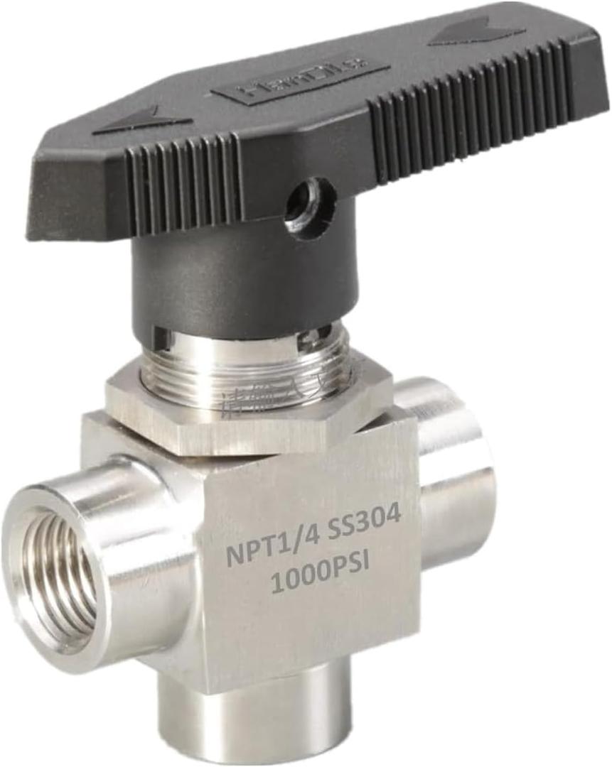 3 Way Ball Valve 1/4" NPT Reduce port 3mm Stainless Steel L Port Instrument Fitting Panel Mount (1/4")
