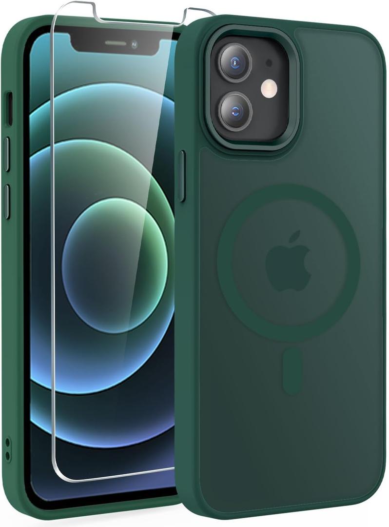 WRJ Case Designed for iPhone 12/12 Pro, Translucent Magnetic Phone Case for Women Men [Compatible with Magsafe] Slim Anti-Fingerprints Shockproof Protective Cover with Screen Protector-Green