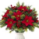 8PCS Artificial Flowers Bouquet Christmas Floral Poinsettia Pine Cones Red Berry Picks Stems Holly Holiday for Xmas Tree Party Decoration DIY Indoor Table Centerpieces
