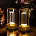 Rechargeable Table Lamp Cordless, 3 Color | Crystal | Stepless Dimming, for Bedroom, Cafe, Camping, Bar, Dining Table, Restaurant, Gold (2 Pack)