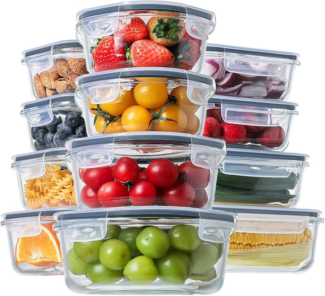 HOMBERKING 24pc Glass Food Storage Containers with Lids, Glass Meal Prep Containers, Airtight Glass Bento Boxes, BPA Free & Leak Proof, Pantry Kitchen Storage(12 lids & 12 Containers) - Gray