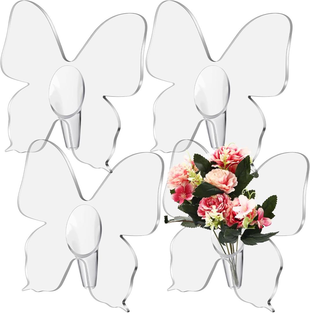 4 Pack Clear Acrylic Butterfly Frame Vase 8.6 x 8.6 Inch Acrylic Unique Decorative Flower Vase for Centerpieces Christmas Bookshelf Desktop Bedroom Office Wedding Decorate Warming Gift