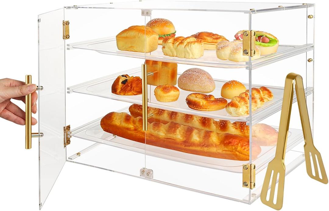 Pastry Display Case for Commercial Countertop, Acrylic 3-Tier Large Bakery Storage Box with Front Door and Removable Tray for Dessert Donut Bread Cake Cupcake Bagels Cookie 21" x 16.2" x 14.2"