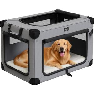 42 Inch Foldable Dog Crate with Plush Mat, Soft Dog Kennel 5 Mesh Windows Cationic Fabric Soft Side Dog Crate for Extra Large Dogs Travel and Home