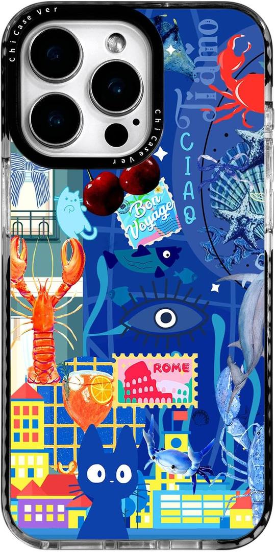 for iPhone 15 Pro Max Case Travel Adventure Collage Pattern Military Grade Drop Protection Voyage Slim TPU Cover with Camera Protection for Women Girls Travel Lovers (BlueRome)