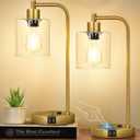 Nintiue Industrial Touch Table Lamps Set of 2-2 USB Ports & AC Outlet Nightstand Lamps, 3-Way Dimmable Bedside Desk Lamp for Living Room Bedroom, Glass Shade & 2 LED Bulbs Included - Brass