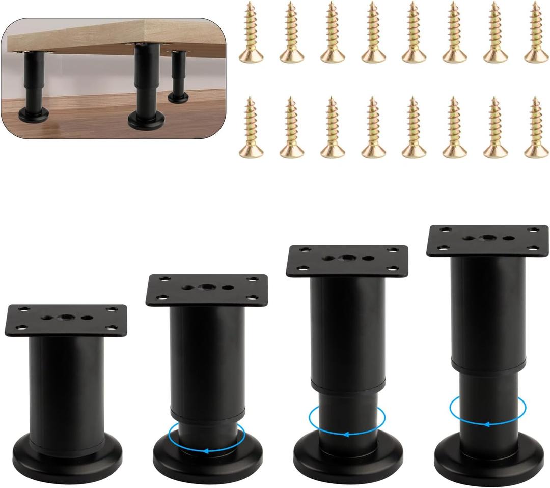 4 Pack Adjustable Furniture Legs - Heavy Duty Metal Support Feet 3.15"-4.7" Height Range, Universal Replacement Legs for Cabinets, Tables, Sofa, Shelves & Dressers (Black)