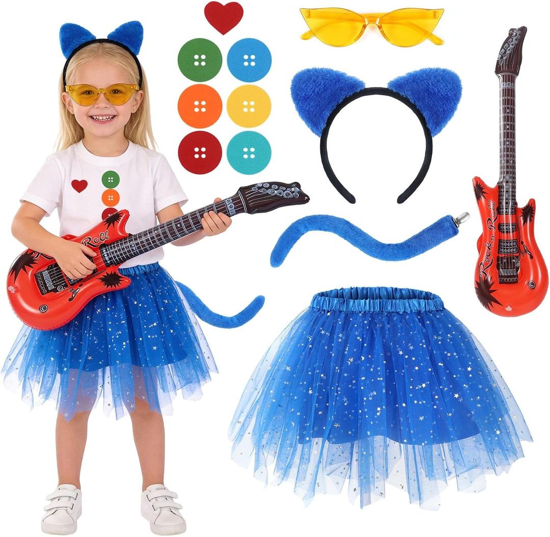 12pcs Blue Cat Costume, Book Character Costumes for Kids with Blue Cat Ears and Tail Tutu Set for Halloween Reading Book Day