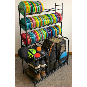 Disc Golf Storage Rack, Metal Disc Station Organizer Shelf, Equipment Accessories Storage, Frisbee Bag Basket Organizers for Home Garage Basement, Stand Shelves, Black