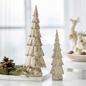 Christmas Tree Figurines, Wood Effect Accented with Gold, Tabletop Xmas Trees Set of 2, Small Decorative Resin Christmas Trees, Christmas Decorations Indoor, Winer Mantle Decor for Table Centerpieces (White)