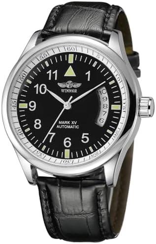 VIGOROSO Men's Mechanical Watches Day Date Black Leather Automatic Self Winding Watch for Men