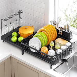 Urackify Large Dish Drying Rack  Expandable Dish Rack for Kitchen Counter, Multifunctional Dish Drainer with Cup & Wine Glass Holder, 16.2"-26" L x 17" W, Black