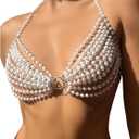 WDIRARA Women's Pearl Beaded Halter Bikini Top Sleeveless Backless Beach Cover Up Tops