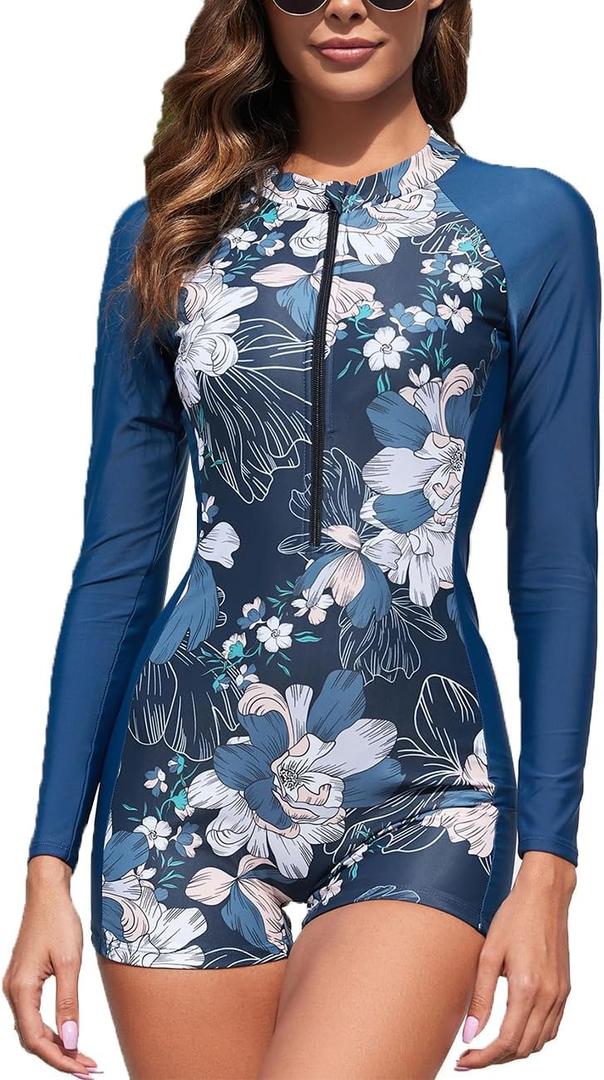 Womens Rash Guard Long Sleeve One Piece Swimsuits Zipper Front with Boy Shorts Swim Shirt Uv Protection UPF 50 (Medium, Blue)