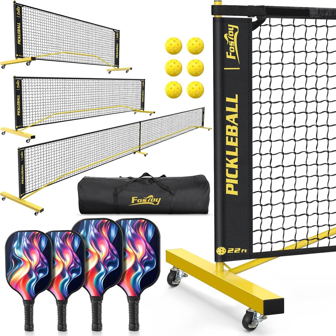 Pickleball Set Net with 4 Paddles, 6FT/11FT/22FT Portable 3-in-1 Pickle Ball Net with Carry Bag, Pickleballs, Designed for All Weather Conditions