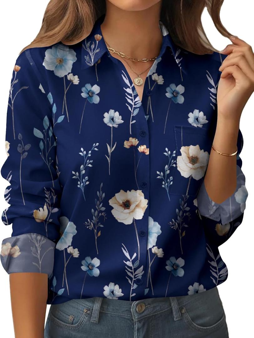 Zeagoo Womens Button Down Shirt Long Sleeve Blouse Business Work Tops Dressy Casual Floral Printed Outfits with Pocket (XX-Large, Bf318)