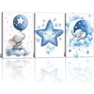 Nursery Canvas Wall Art Elephant Pictures Wall Decor Moon and Stars Painting Baby Boy Prints Cute Animal Poster Artwork for Kids Room Bathroom Decor Framed(Baby-1,16L x 24W x 3Pcs)
