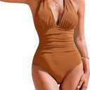 AI'MAGE Bathing Suit for Women Tummy Control Women's Sexy One Piece Swimsuit Adjustable Halter V Neck Swimwear for Women 2025 (Light Brown) M