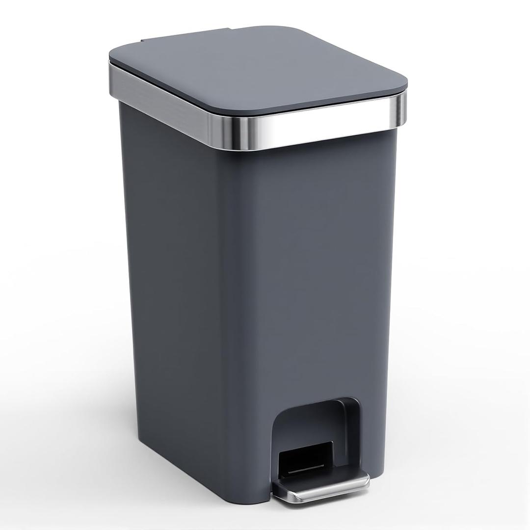 Bathroom Trash Can with Lid, 2.6 Gallon /10 Liter Small Garbage Can, Press Top Bin & Step Metal Pedal Trash Bin Plastic Wastebasket for Bedroom, Office, Kitchen, Dorm (Black Gray)