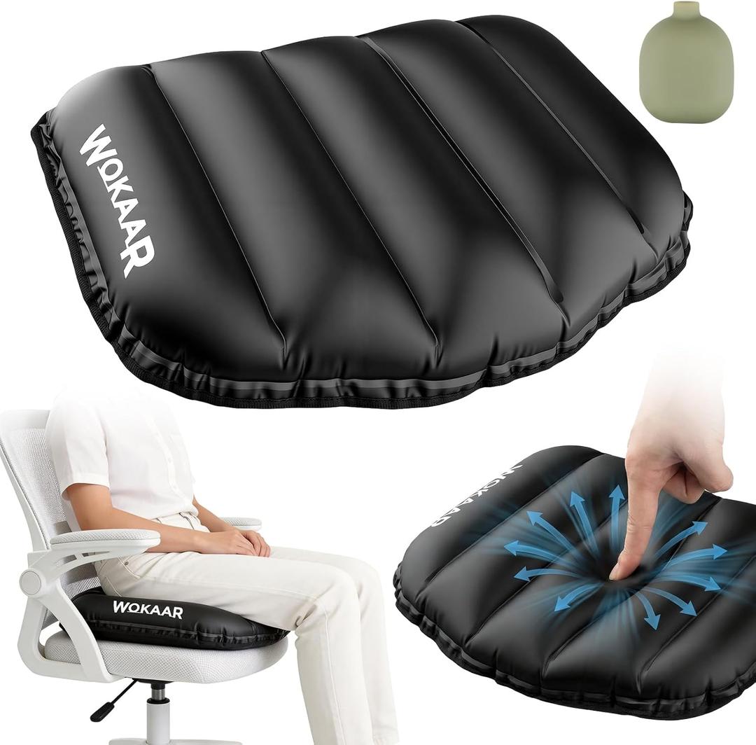 Inflatable Airplane Seat Cushion with Memory Foam | 3D Scalloped Air Baffles | Sit-to-Adjust Firmness | 2-in-1 Seat Pad & Lumbar Support, Tailbone Relief | 30s Inflate & 1s Deflate | Travel & Office, Black