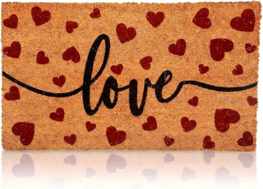 Ceenna Valentine's Day Doormat Outdoor Valentine's Coir Doormat with Non-Slip Backing Red Heart Love Valentines Day Outdoor Mat Front Porch Rugs for Home Entrance, 16 x 28 Inches