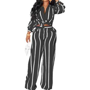 Remelon Women's Casual Two Piece Outfits Striped Long Sleeve Collar Button Down Shirt Blouse High Waist Wide Leg Pants Sets (Medium, Black)