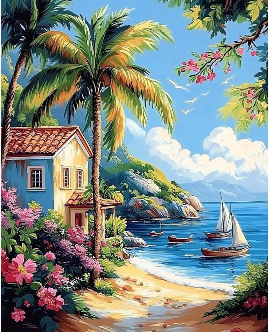 obterie Beach Paint by Numbers Kit for Adults Beginner Scenery Oil Painting Kit Adult Paint by Number Kits on Canvas DIY Painting for Beginners Art by Numbers for Gifts Home Wall Decor 16x20 Inch (YF040)