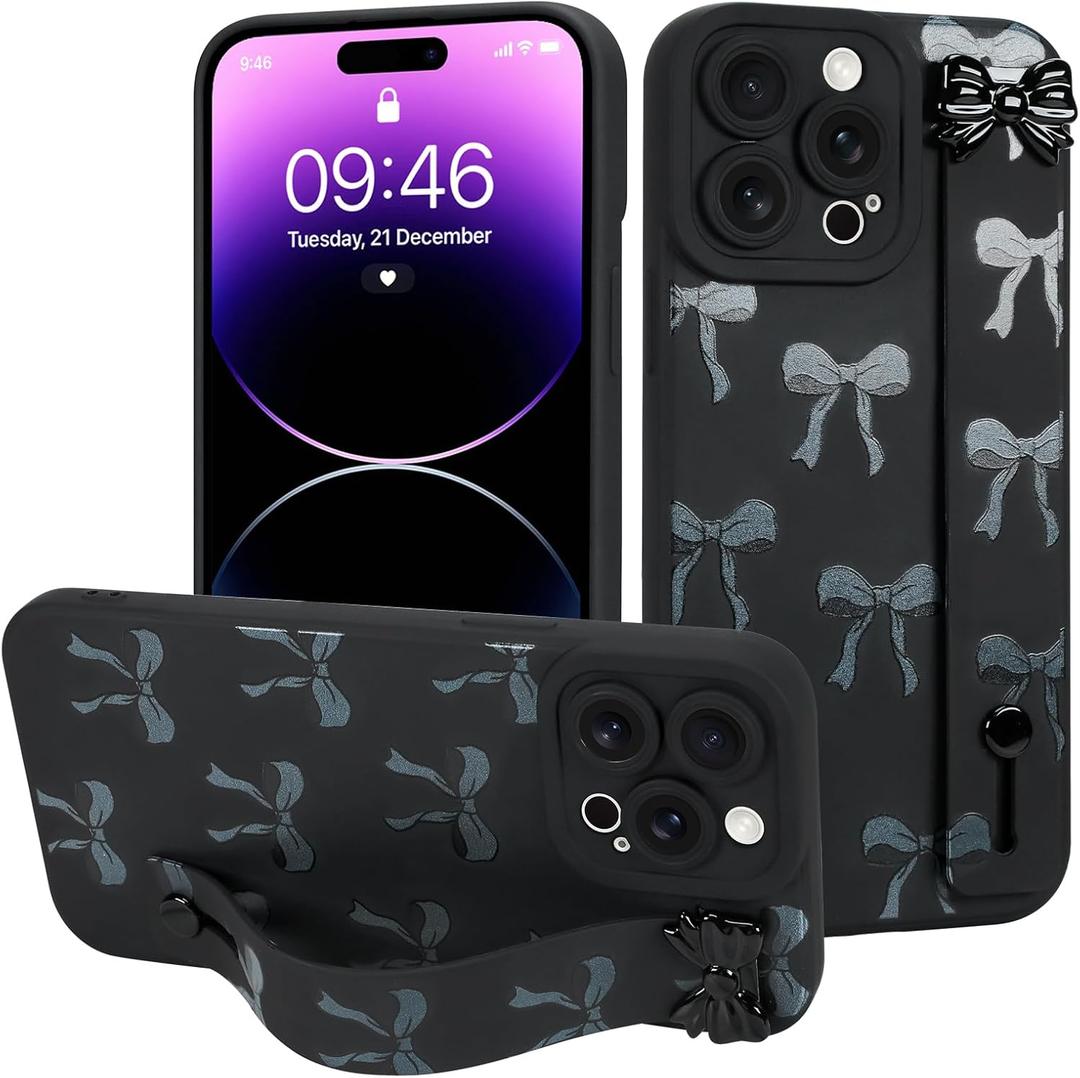MOWIME for iPhone 14 Pro Max Case with Wrist Strap, Cute Bows Pattern Design Soft TPU Protective Case for Women Girls Slim Anti-Scratch Shockproof Cover with Adjustable Kickstand Holder - Black