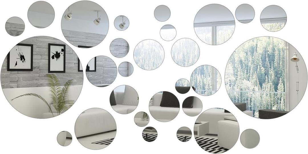32 Pieces Removable Acrylic Mirror Setting Wall Sticker Decal for Home Living Room Bedroom Decor (Round Circle, 32 Pieces) (Small Size, Silver)