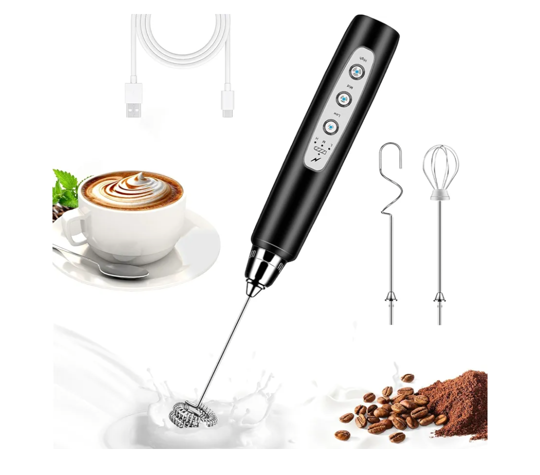 Milk Frother Handheld for Coffee, Electric Whisk 3 Speed Adjustable, Drink Mixer with Stainless 3 Whisks, Rechargeable Hand Frother Wand, Foam Maker for Latte Cappuccino Hot Chocolate Egg Black