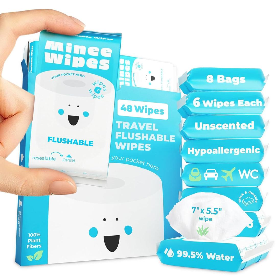 Impossibly Compact Travel Flushable Wipes - 99.5% Water and Aloe - Safe for Sensitive Skin & Hypoallergenic - Travel Essentials for Adults, Kids & Babycare, Unscented, 8 Pack 48 Wipes