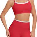 OMKAGI Workout Sets for Women Cute Doubel Layer Open Back Sports Bras Gym Shorts Outfits (Large, Red)