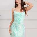 Women's Spaghetti Straps Sparkly Sequins Bodycon Mini Dress Party Nightclub (XL)
