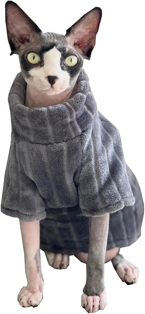 Turtleneck Sweater for Sphynx Cat Soft Coral Fleece Cat Clothes Thick Winter Warm Outfit Coat for Hairless Cats and Small Dogs Apparel with Sleeves (Grey, XL (9-13 lbs))