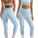 OMKAGI 2 Piece Workout Sets for Women Halter Sports Bras Gym Sets Booty Leggings Outfits (Small, Bright Blue)