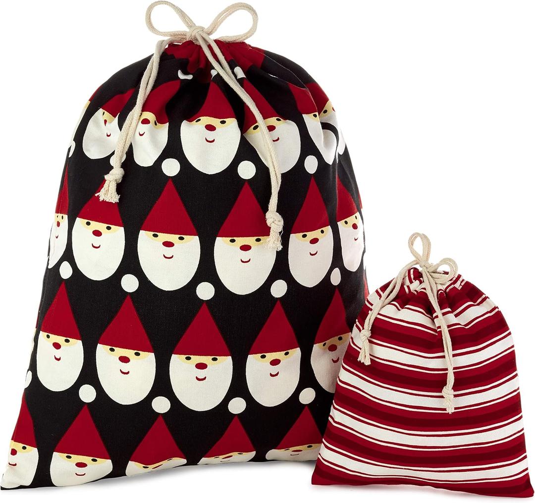 Hallmark Drawstring Christmas Gift Bag Set (2 Fabric Bags with Drawstrings; 1 Medium 10", 1 Extra Large 20") Santa, Red and White Stripe, 5XGB4902