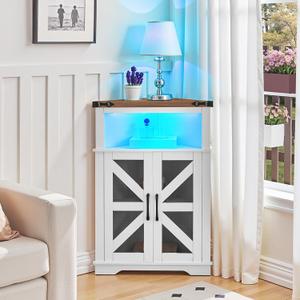 HOOBRO Corner Storage Cabinet, Small Corner Cabinet with Doors and Adjustable Shelves, Farmhouse Storage Cabient with LED Lights for Bathroom, Living Room, Kitchen, White and Walnut WH99DCJ01